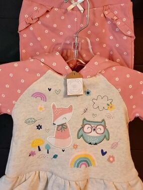 Pink & Cream Fox and Owl Hooded Sweat Set